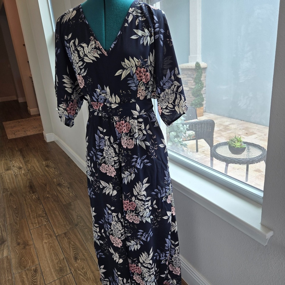 Sienna Sky Womens Navy Floral Fit and Flair Midi Jumpsuit Culottes Size Large